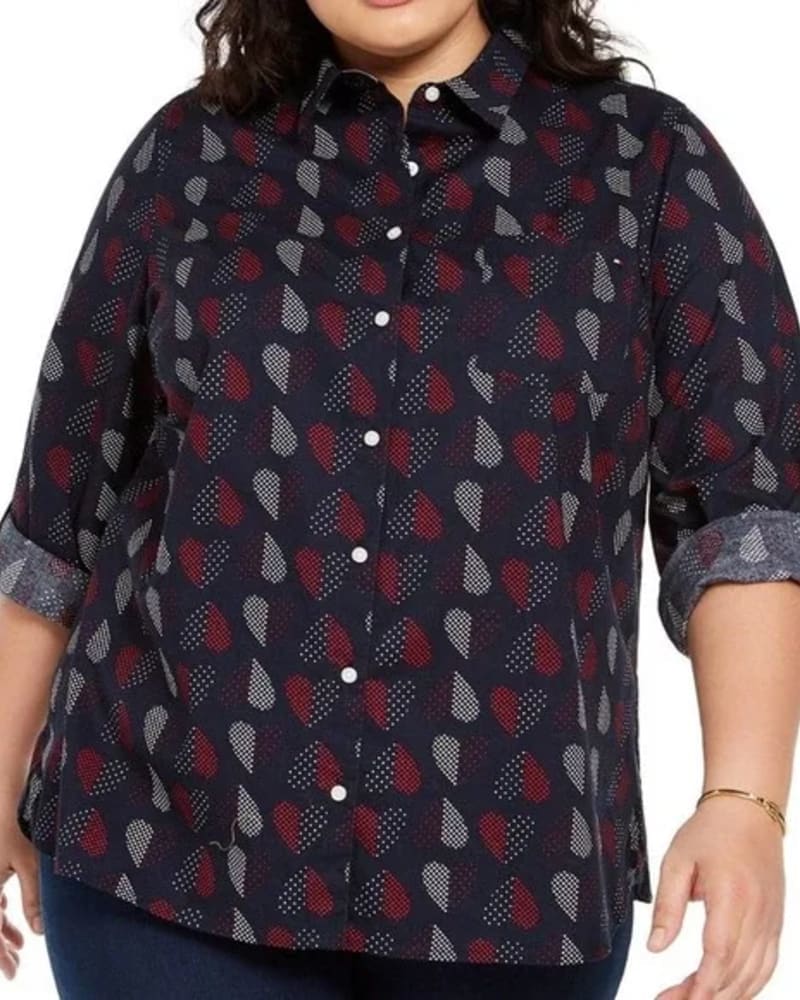 Front of a model wearing a size 2X Tommy Hilfiger Women's Plus Polka Dot Heart Print Cotton Shirt Blue Size 2X in Blue by Tommy Hilfiger. | dia_product_style_image_id:313718
